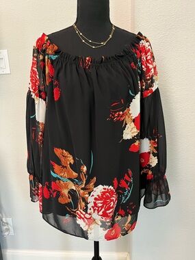 Buffalo David Bitton Peasant Off Shoulder Floral Blouse Sz Large Black Red